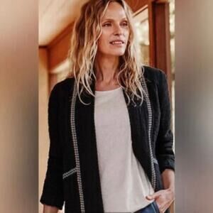 Pure Jill Seersucker Quilted Open Front Jacket Black Emroidered Trim Sz XL